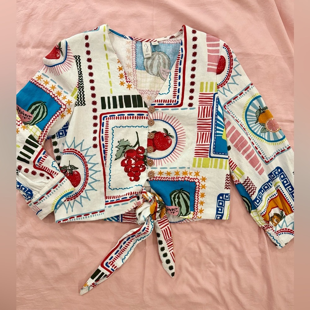 Joie Mixed Fruit Patchwork Tie-Front Top, Wood Buttons, Size XS